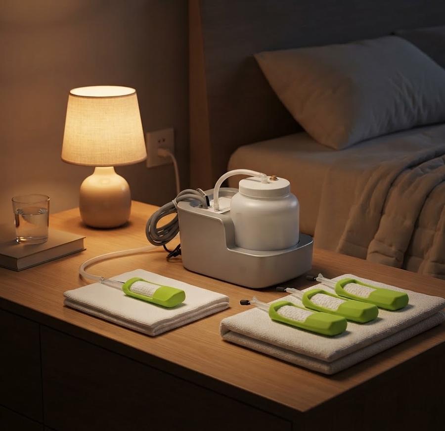 Women's collection system beside a bed